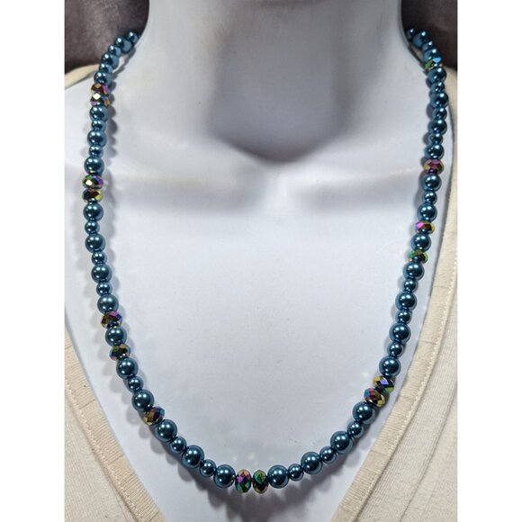 Handmade Mermaidcore Metallic Blue Faux Pearl And AB Glass Beaded Necklace - Picture 5 of 6